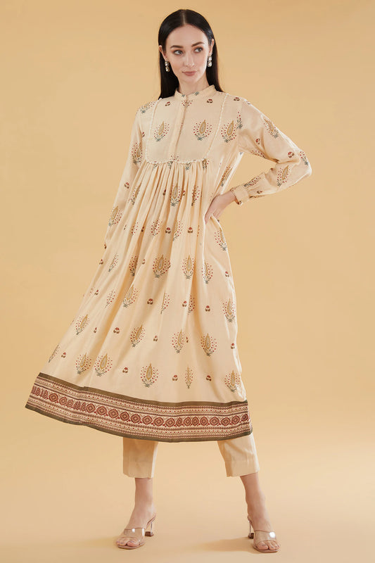 Beige Cotton Silk Floral Printed Kurta Set