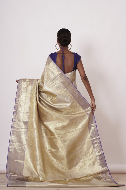 Ivory Gold Dharamavaram Silk Saree with a Dark Blue Blouse