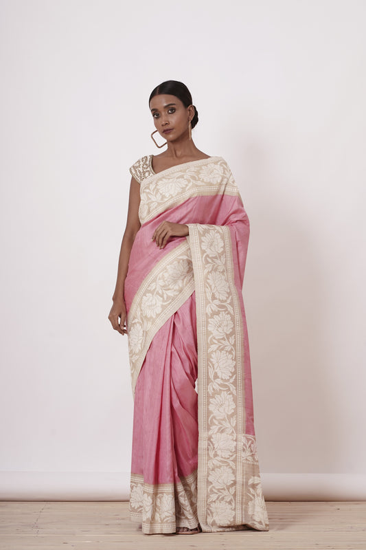 Onion Pink Banarasi Saree with a Cream Blouse