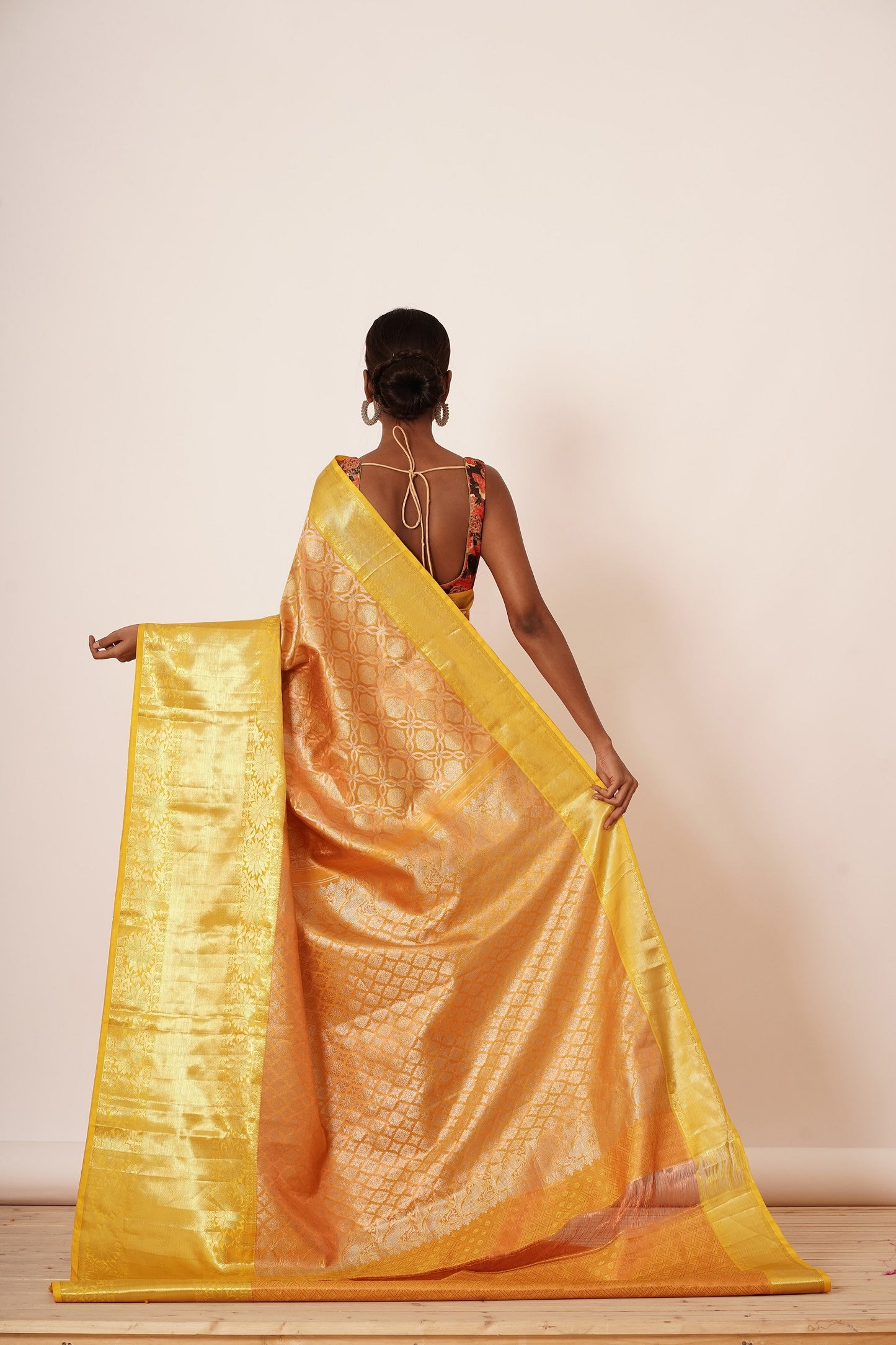 Yellow Long Border Dharmavaram Silk Saree with Floral Digitally Printed Blouse