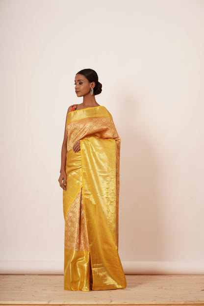 Yellow Long Border Dharmavaram Silk Saree with Floral Digitally Printed Blouse