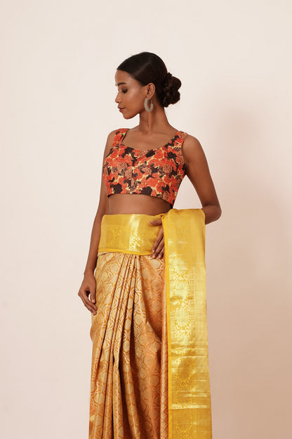 Yellow Long Border Dharmavaram Silk Saree with Floral Digitally Printed Blouse