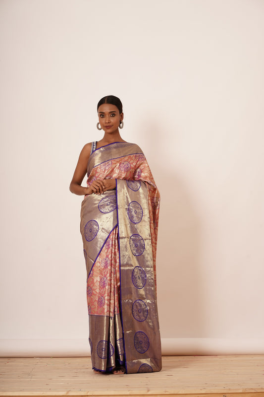 Dusty Peach Dharamavarm Silk Saree with Purple Border