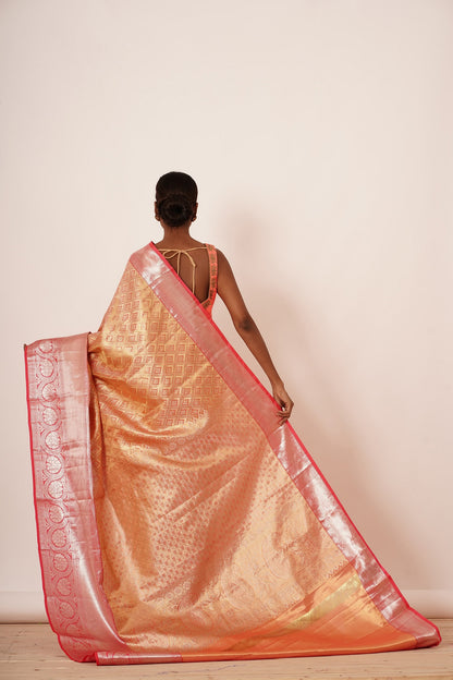 Peach and Gold Dharmvaram Silk Saree with Contrast Blouse