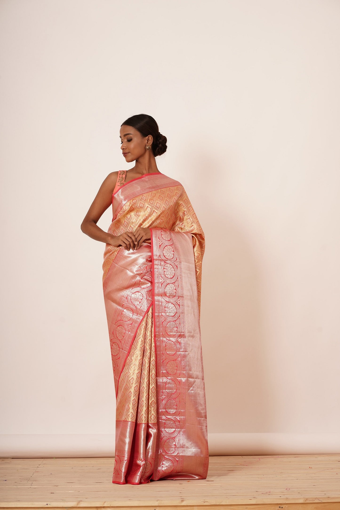 Peach and Gold Dharmvaram Silk Saree with Contrast Blouse