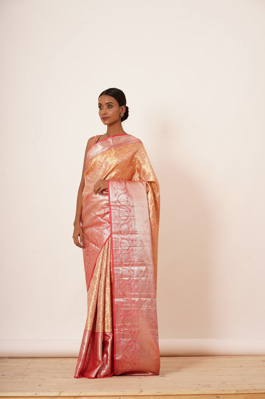 Peach and Gold Dharmvaram Silk Saree with Contrast Blouse