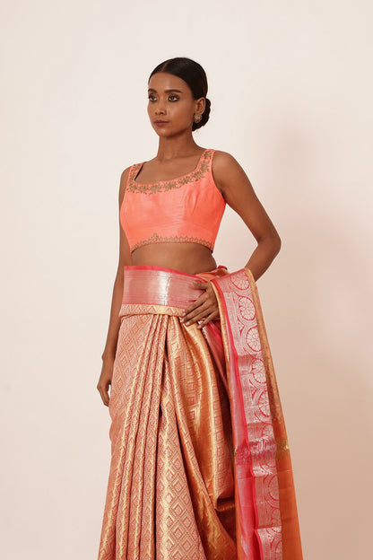 Peach and Gold Dharmvaram Silk Saree with Contrast Blouse