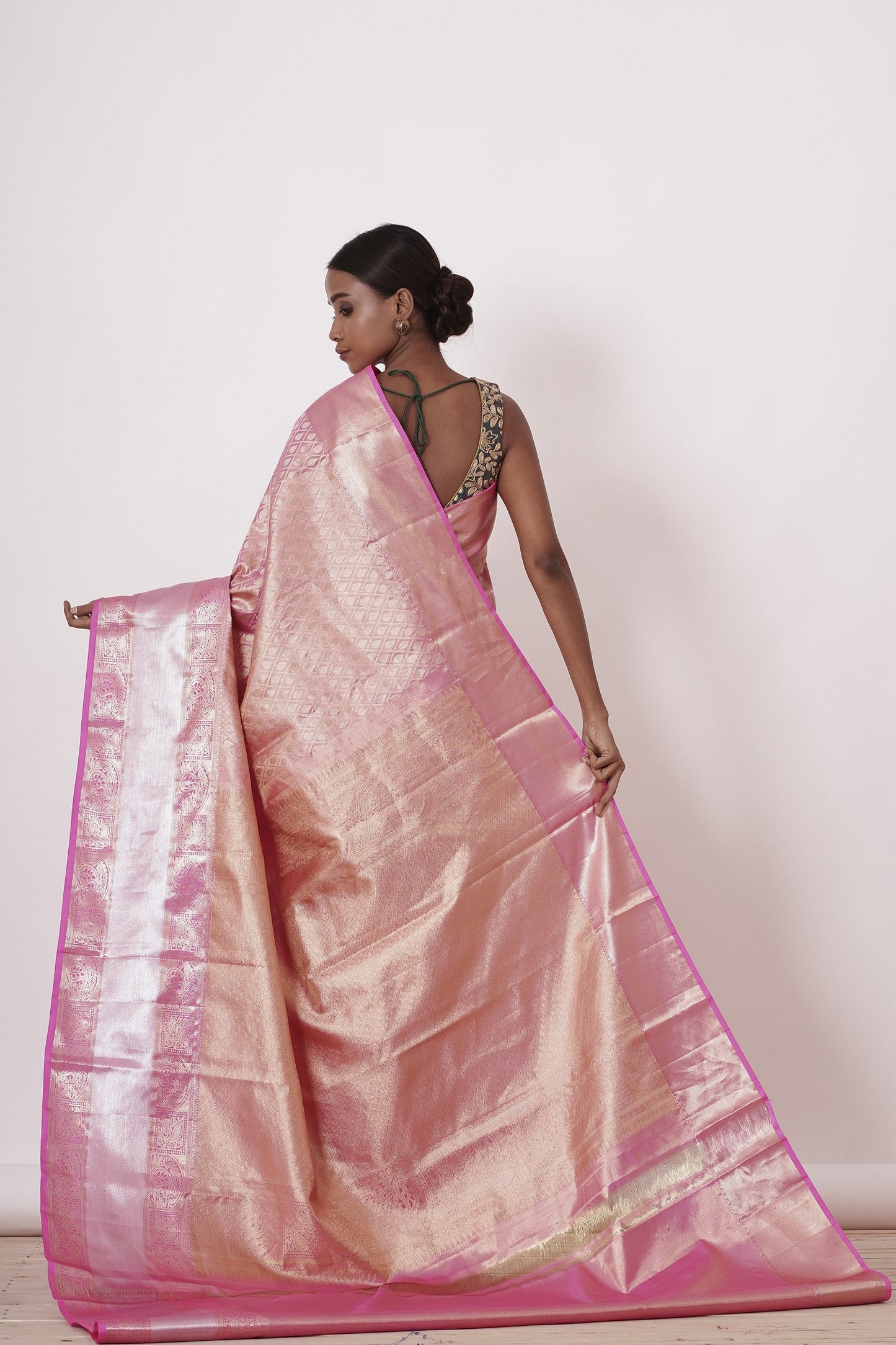 Onion Pink Dharmavaram Silk Saree with Grey Blouse.