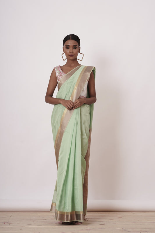 Dusty Teal Maheshwari Silk Saree with Ivory- Beige Blouse