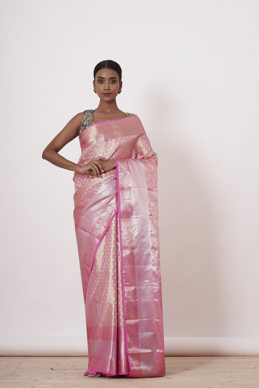 Onion Pink Dharmavaram Silk Saree with Grey Blouse.