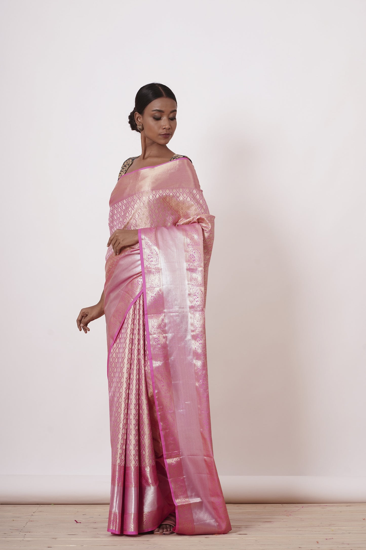 Onion Pink Dharmavaram Silk Saree with Grey Blouse.