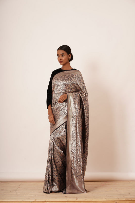 Navy Blue Banarasi Silk Saree with all over Silver Zari Jacquard with a Black Full Sleeve Crop Top