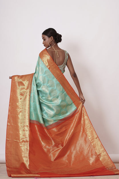 Turqouise Dharamavaram Silk Saree with a Light Turqouise Blouse