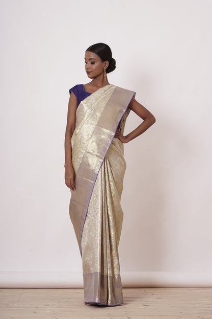 Ivory Gold Dharamavaram Silk Saree with a Dark Blue Blouse