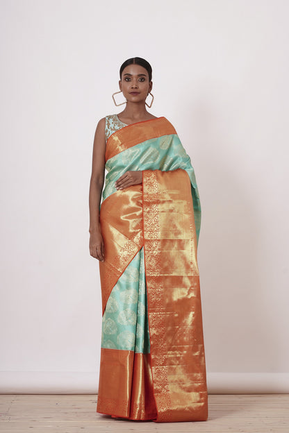 Turqouise Dharamavaram Silk Saree with a Light Turqouise Blouse