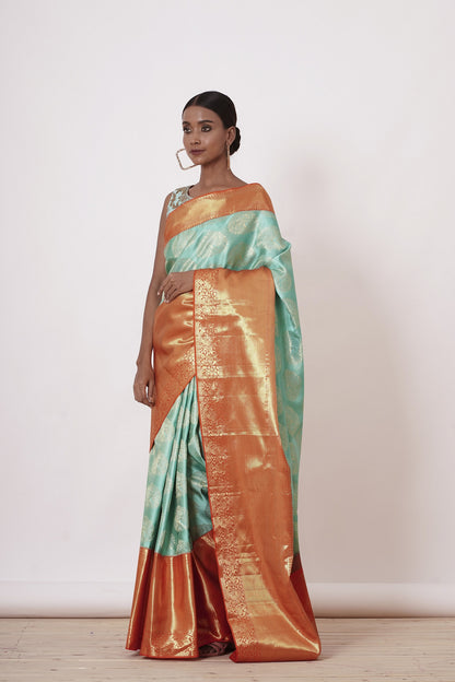 Turqouise Dharamavaram Silk Saree with a Light Turqouise Blouse