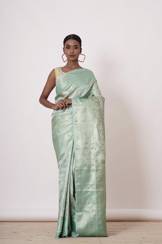 Turqouise Dharamavaram Silk Saree with a Lemon Yelllow Blouse