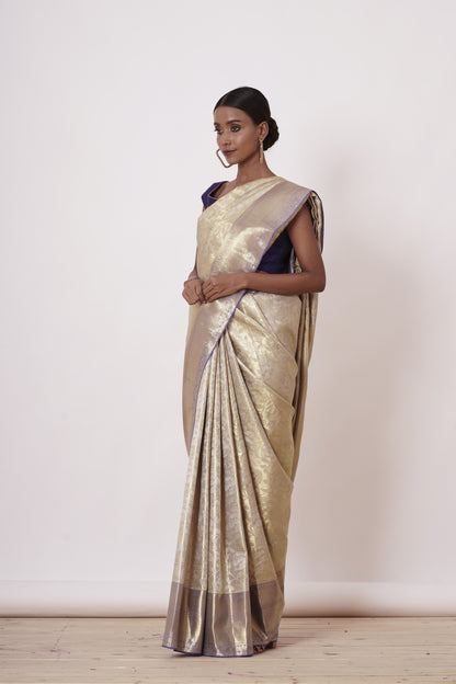 Ivory Gold Dharamavaram Silk Saree with a Dark Blue Blouse