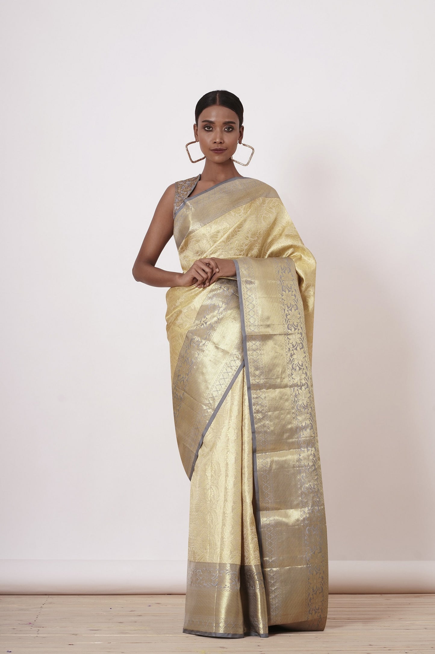 Ivory and Gold Saree with Grey Border