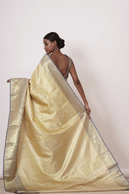 Ivory and Gold Saree with Grey Border