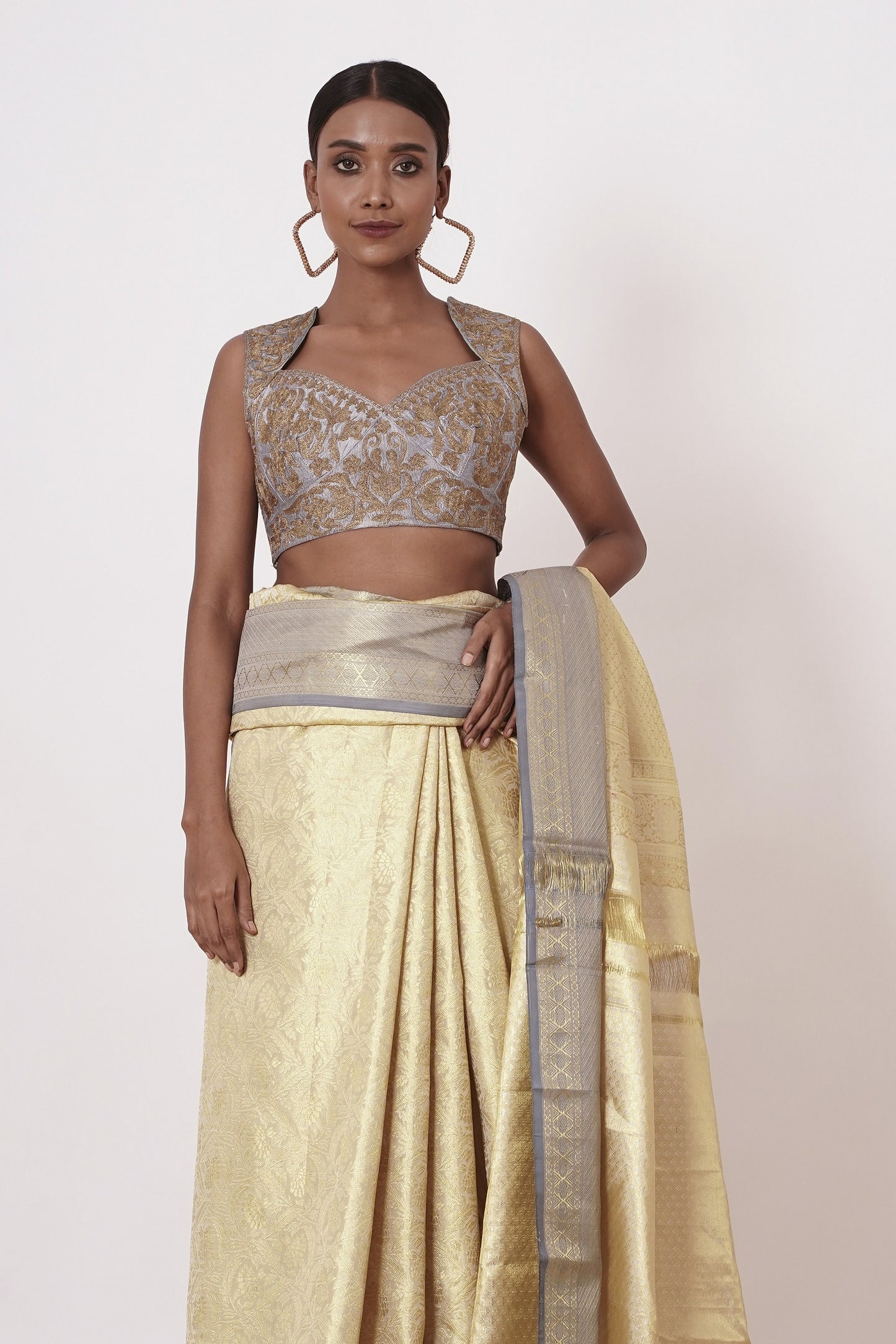 Ivory and Gold Saree with Grey Border