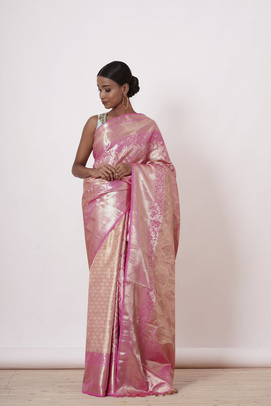 Onion Pink Dharamavaram Silk Saree with a Turqouise Blouse