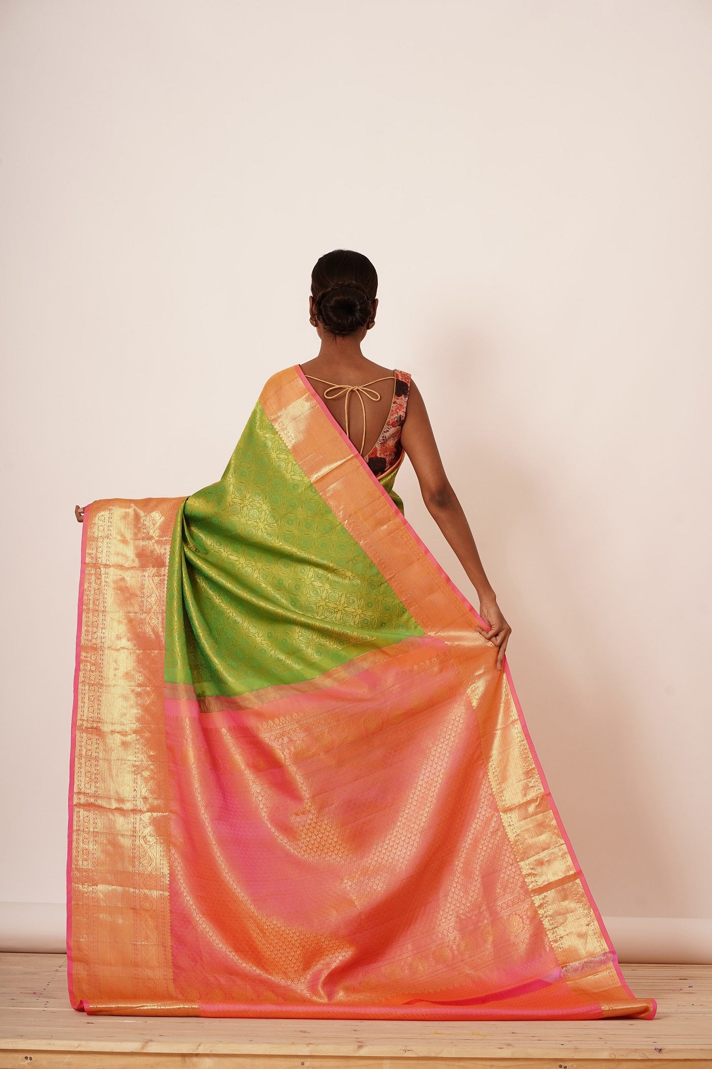 Dusty Lime Green Dharamavaram Silk Saree with a Digitally Printed Blouse