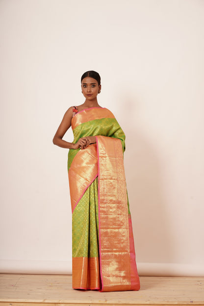 Dusty Lime Green Dharamavaram Silk Saree with a Digitally Printed Blouse