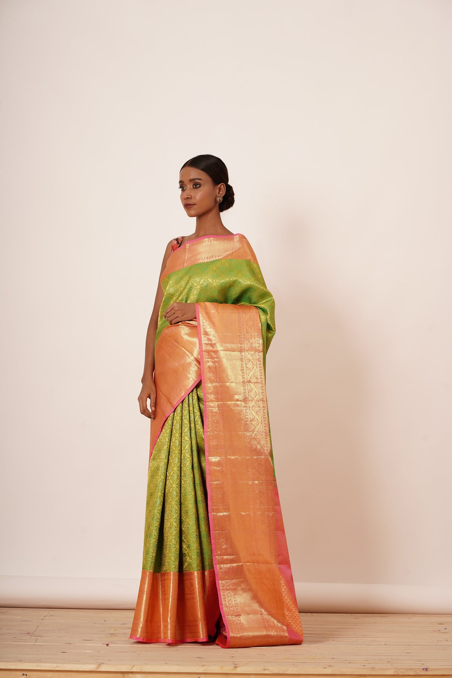 Dusty Lime Green Dharamavaram Silk Saree with a Digitally Printed Blouse