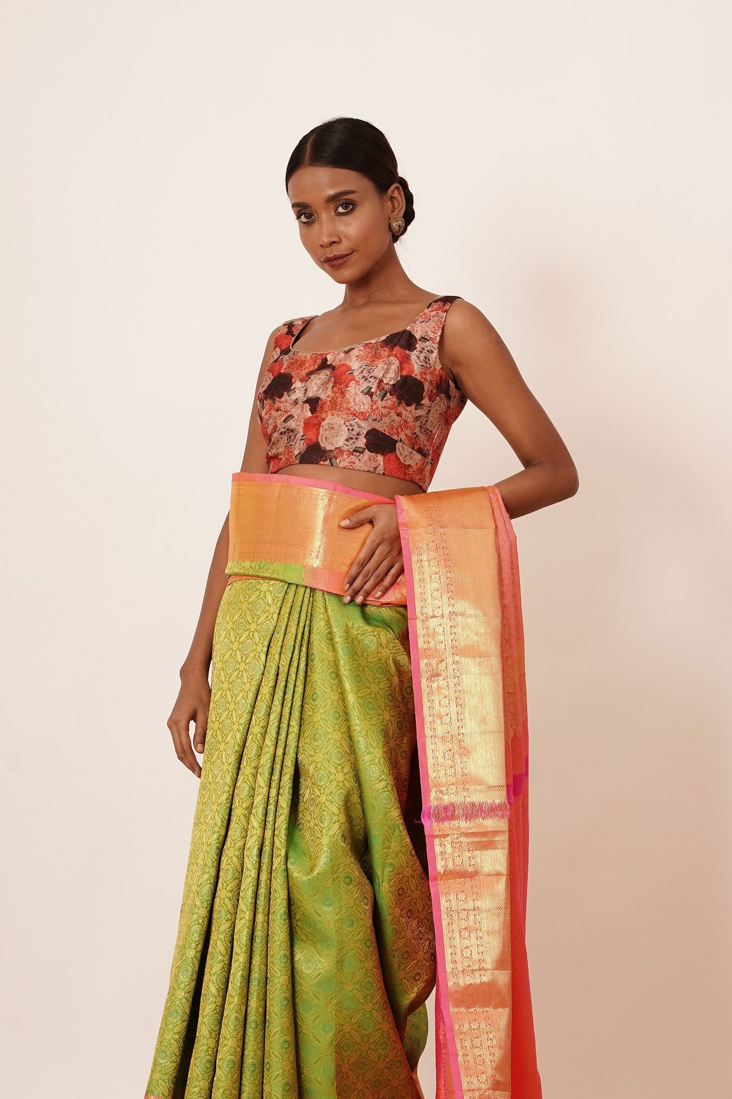 Dusty Lime Green Dharamavaram Silk Saree with a Digitally Printed Blouse