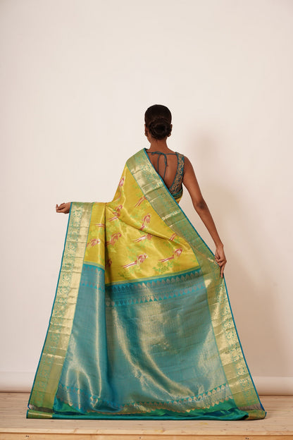 Light Parrot Green Dharamavaram Silk with a Teal Blouse