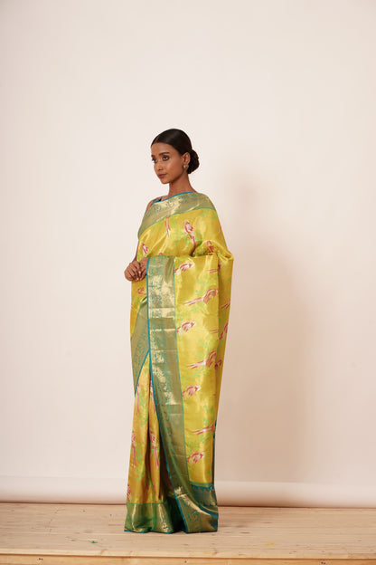 Light Parrot Green Dharamavaram Silk with a Teal Blouse