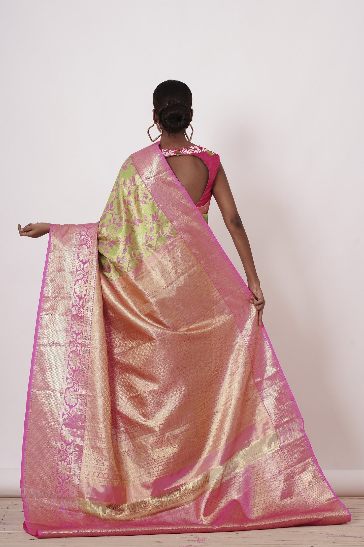 Lime Green Dharamavaram Silk Saree with a Light Fusia Pink Blouse