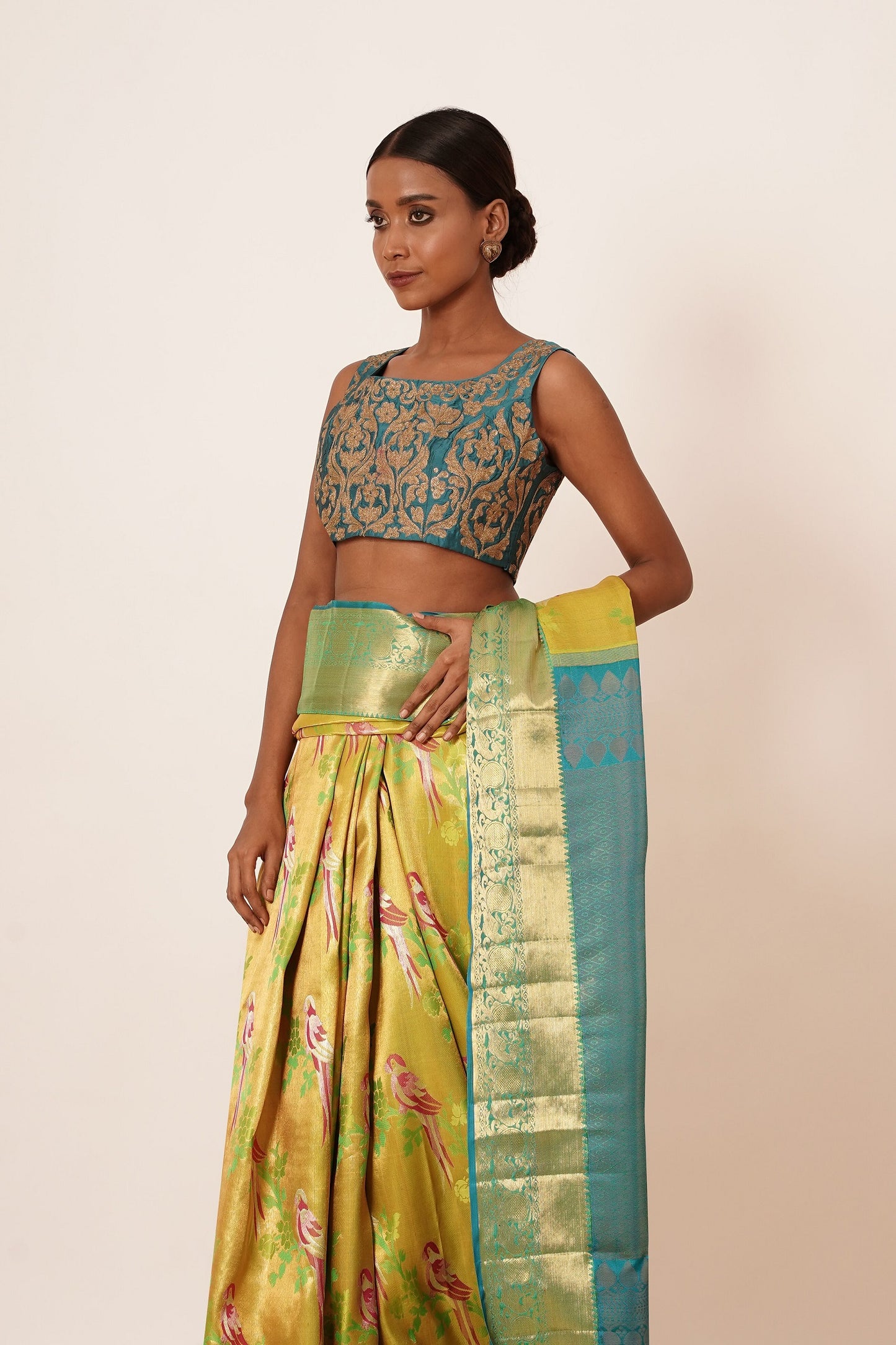 Light Parrot Green Dharamavaram Silk with a Teal Blouse