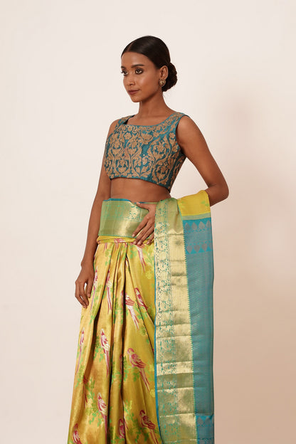 Light Parrot Green Dharamavaram Silk with a Teal Blouse