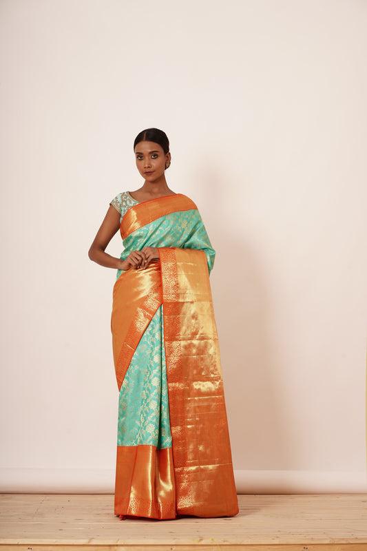 Light turqouise dharamavaram silk saree with light turq blouse