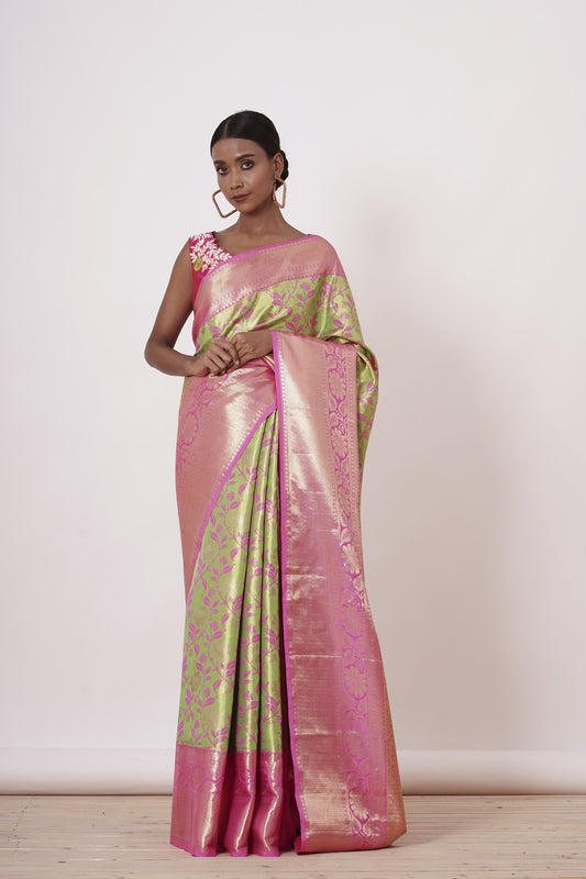 Lime Green Dharamavaram Silk Saree with a Light Fusia Pink Blouse