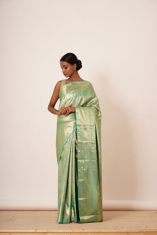 Turq Dharamavaram Saree with Mustard Yellow Blouse