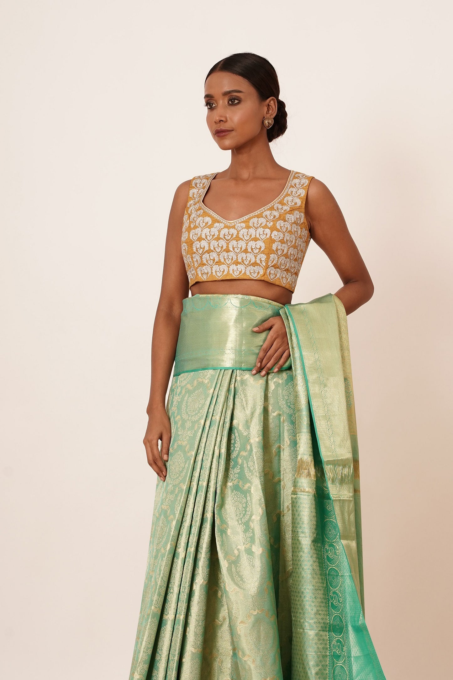 Turq Dharamavaram Saree with Mustard Yellow Blouse