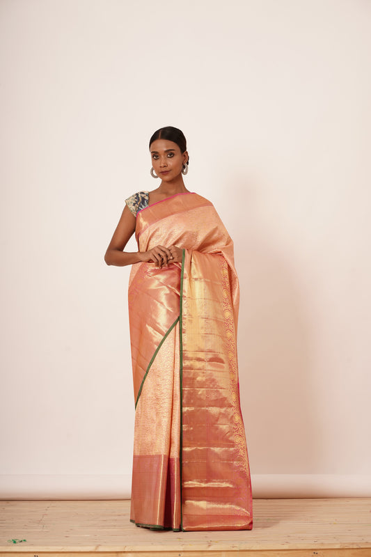 Gold and Pink Dharmavaram Silk Saree with Blue Digitally Printed Blouse