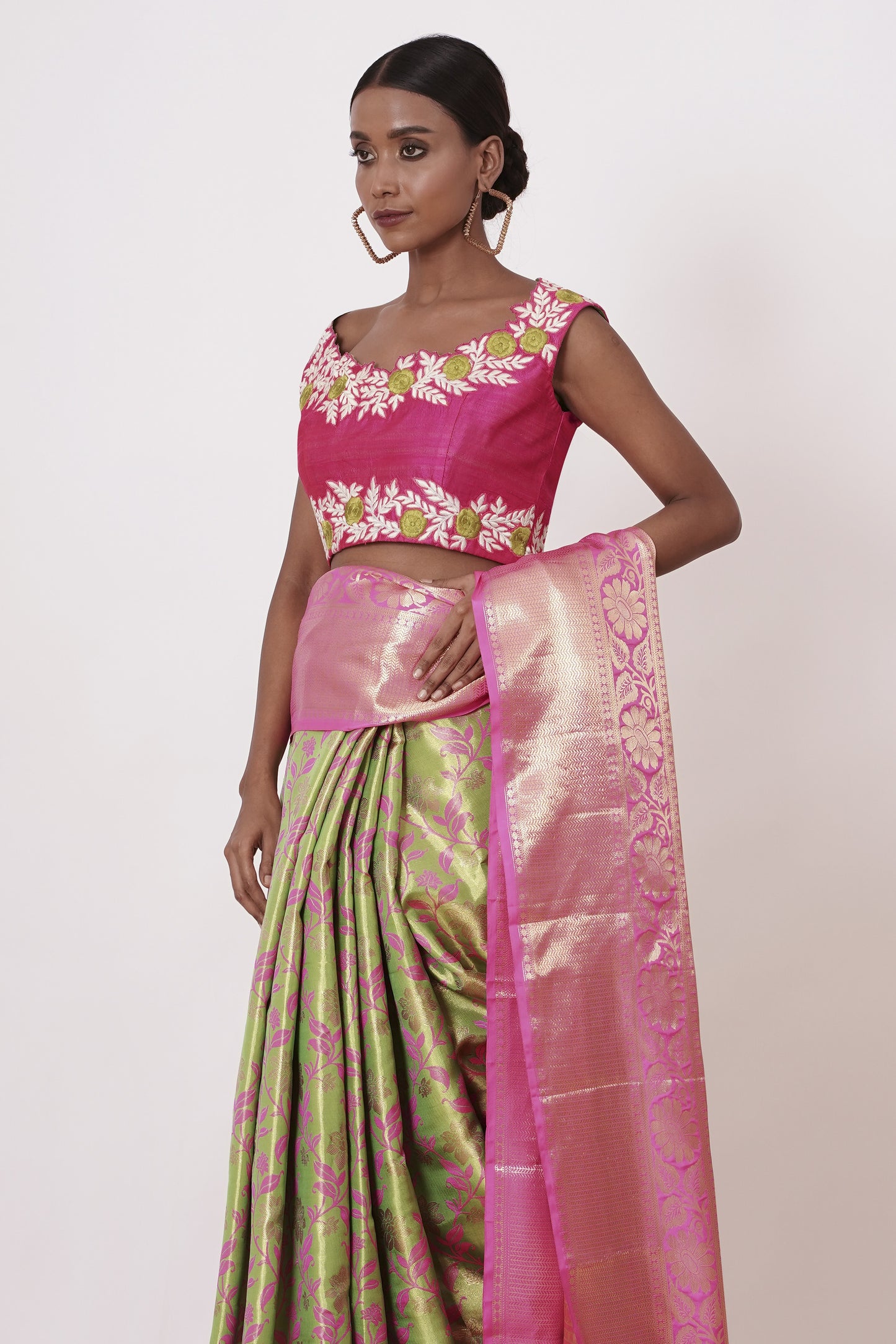 Lime Green Dharamavaram Silk Saree with a Light Fusia Pink Blouse