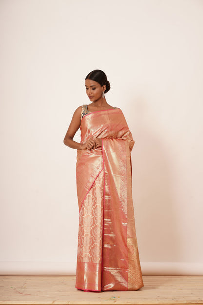 Coral Tissue Dharmavaram Silk Saree with Contrast Blouse