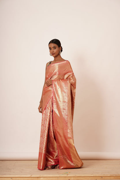 Coral Tissue Dharmavaram Silk Saree with Contrast Blouse