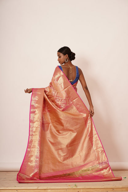 Onion Pink Saree with Blue Quilted Blouse