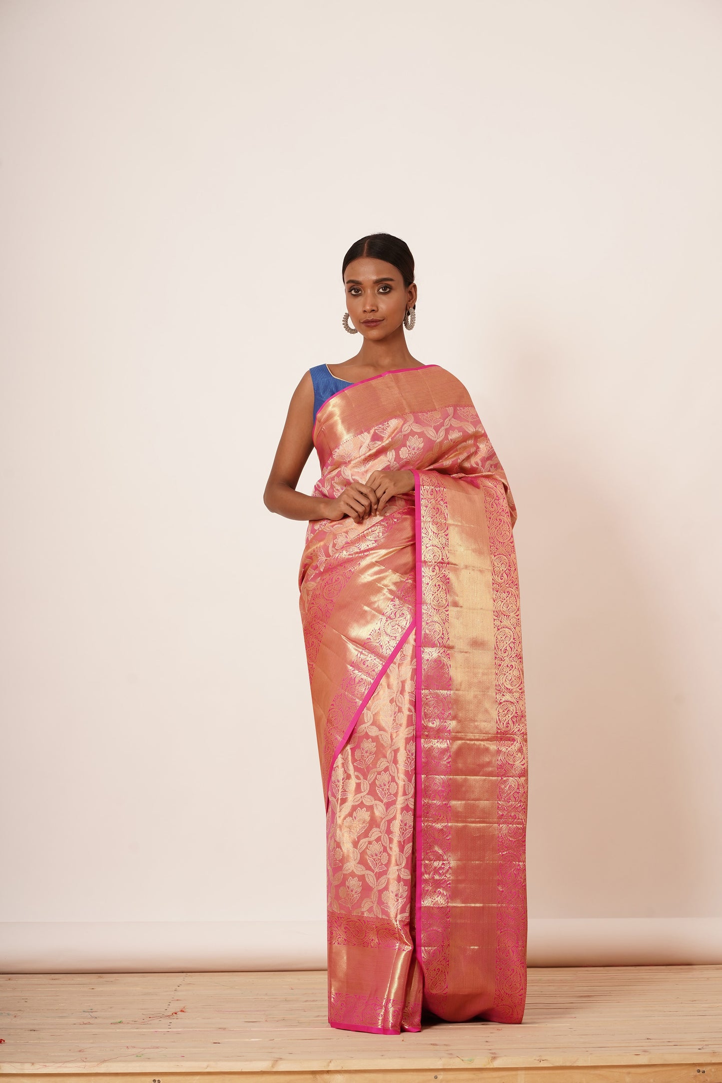 Onion Pink Saree with Blue Quilted Blouse