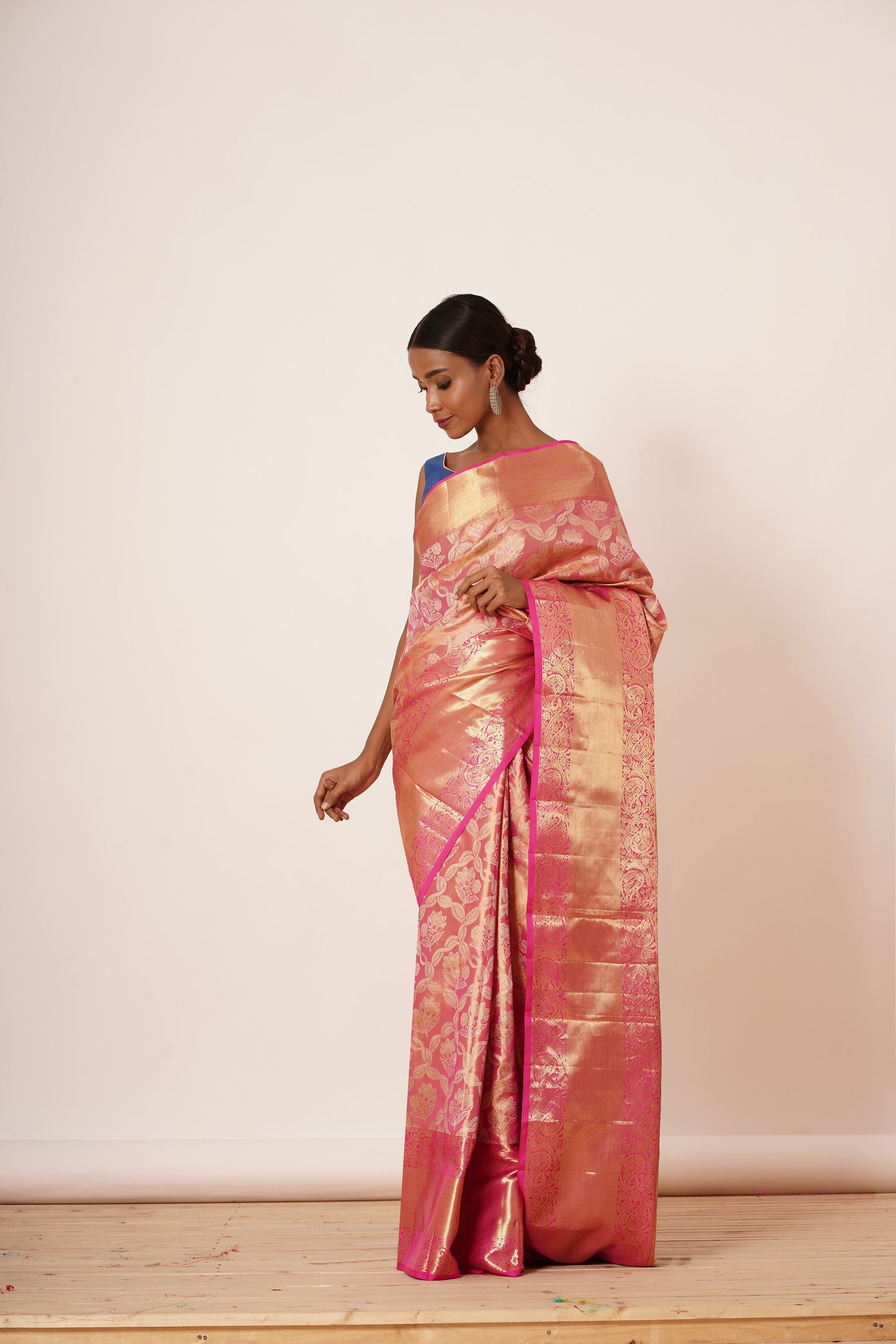 Onion Pink Saree with Blue Quilted Blouse