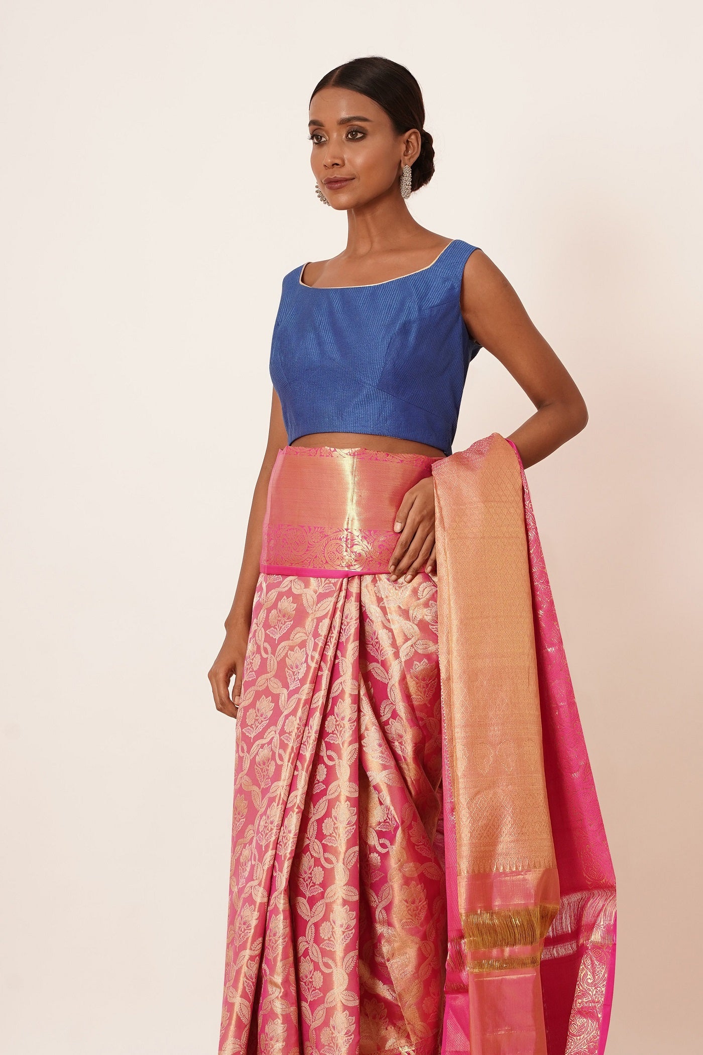 Onion Pink Saree with Blue Quilted Blouse