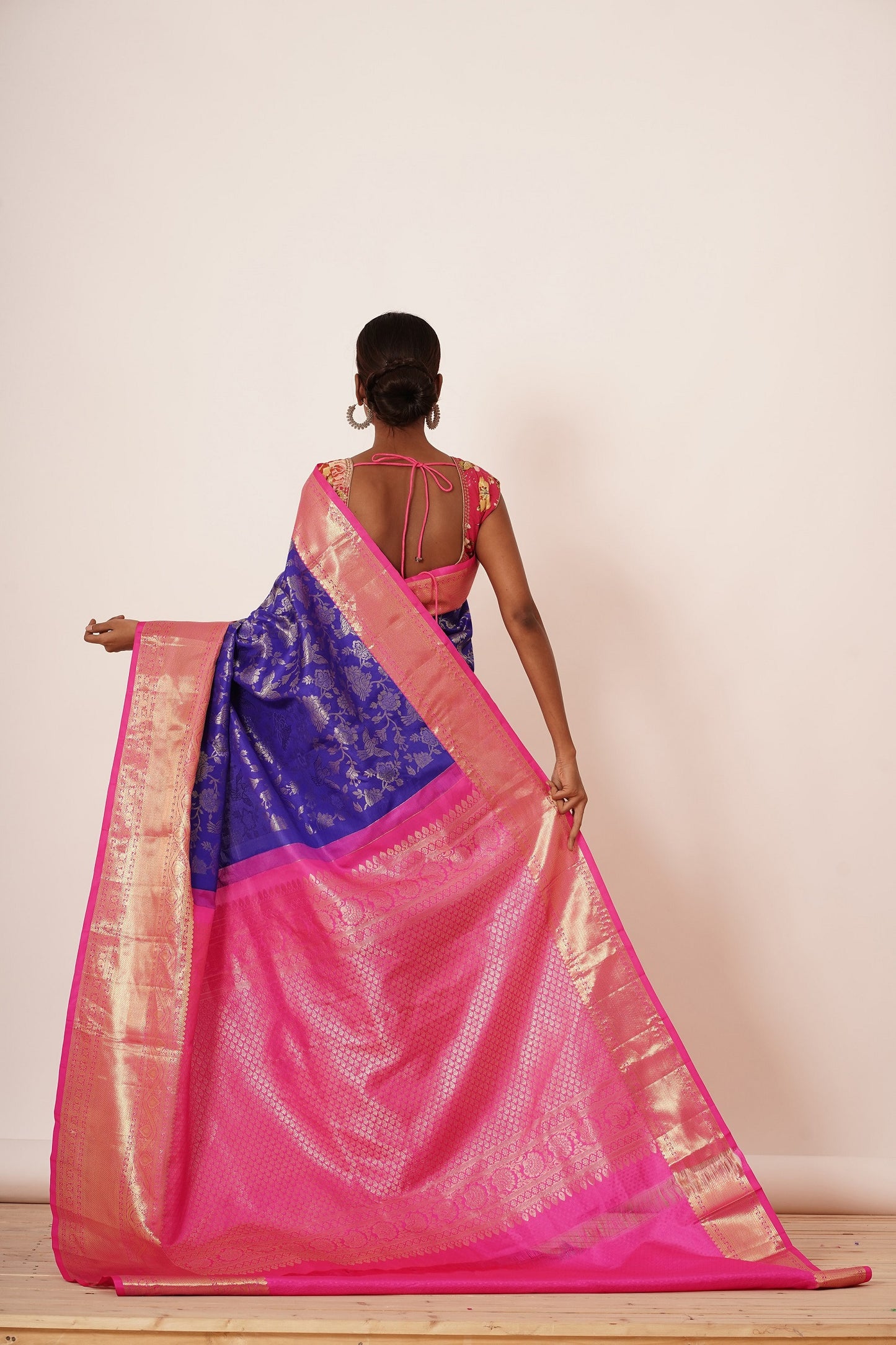 Bright Blue Dharmavaram Saree with Pink Border and Digitally Printed Blouse