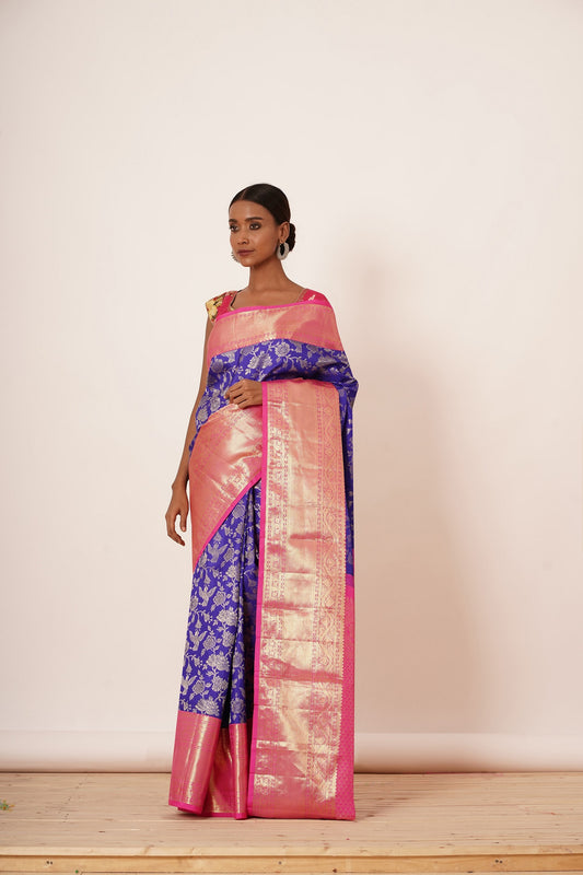 Bright Blue Dharmavaram Saree with Pink Border and Digitally Printed Blouse