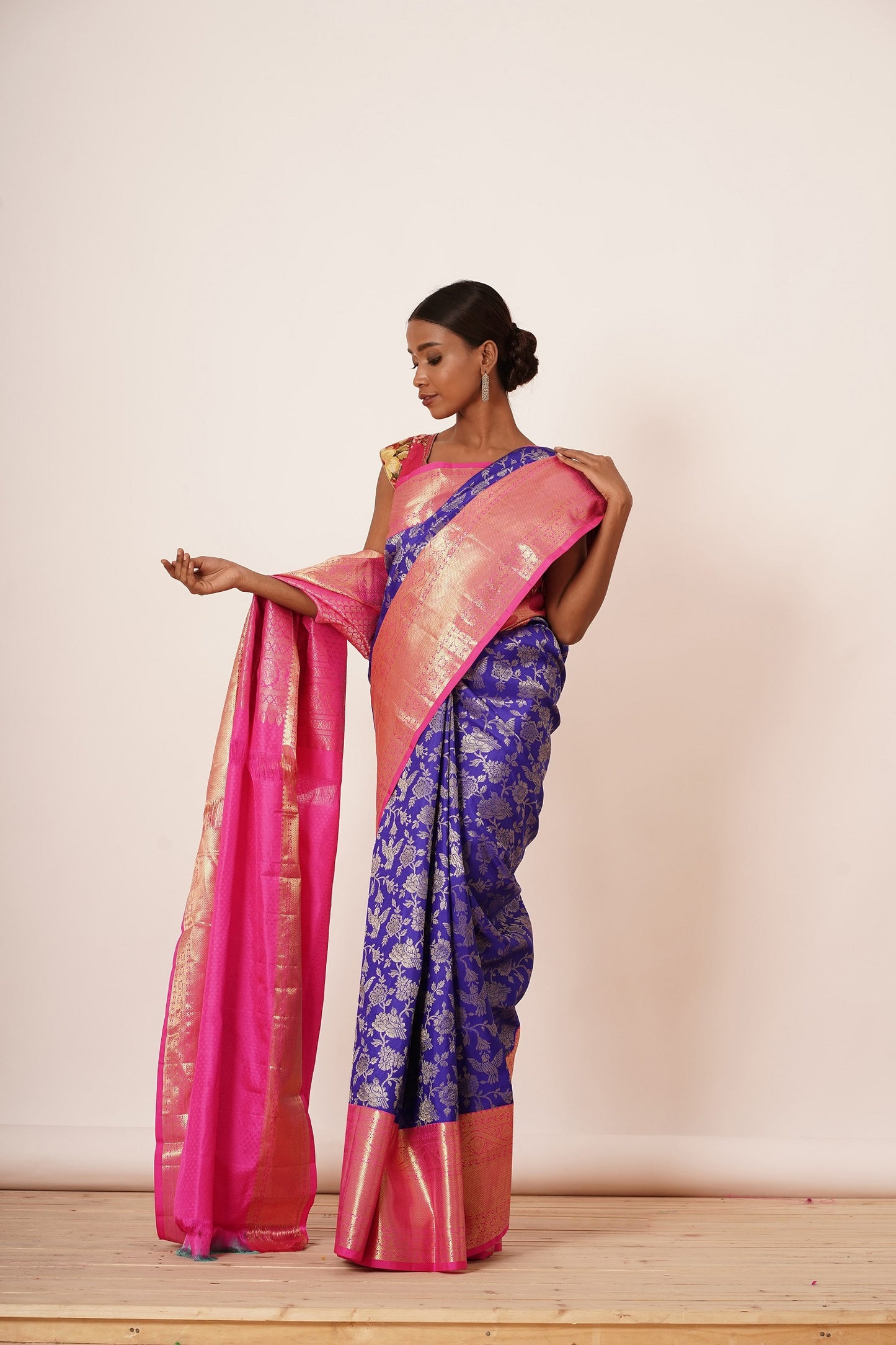 Bright Blue Dharmavaram Saree with Pink Border and Digitally Printed Blouse